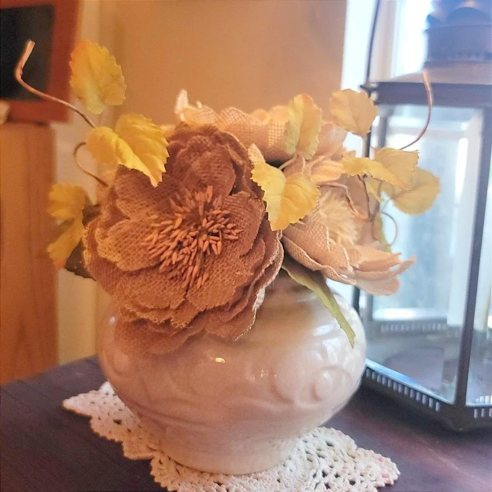 Burlap Flower Arrangement starter Fall Harvest Thanksgiving Rustic Decor Bouquet